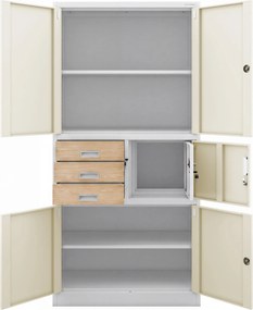Fém irodai szekrény széffel, fehér, sonoma tölgy, 900x1850x400 mm: FILIP II Eco Design