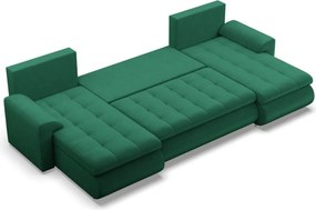 Tokio U alakú sarokkanapé, 3 ágyneműtartóval, bársony, univerzális oldal, zöld