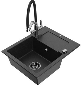 Mexen Enzo egykamrás gránit mosogatótálca csepegtetővel és Duo konyhai csapteleppel, fekete/ezüst metál - 6506-73-671701-07-B