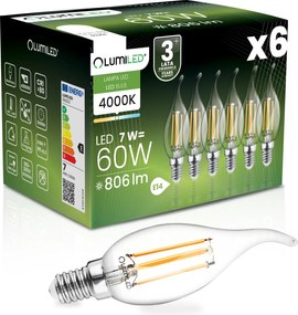 6x Led izzó Láng BA35 E14 7W 60W 4000K Semleges 360° Fil Lumiled