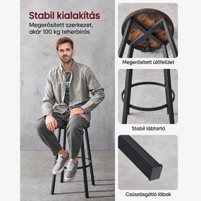 VASAGLE 2 db-os bárszék szett háttámlával és lábtartóval, 73 cm ülésmagassággal, acélvázzal, rusztikus barna és fekete