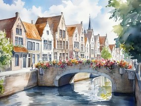 Vászonkép Canvas Város Óváros Belgium Brugge Híd Virágok 80x60