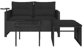 3 részes fekete polyrattan kerti ülőgarnitúra párnával