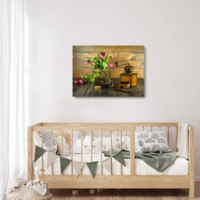 Tulipánok, daráló és kávé képe (üvegen) (70x50 cm)