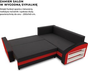 Grande sarokkanapé polcokkal , polc a jobb karfaban, jobboldali, szövet anyag, hab töltet, fekete - piros