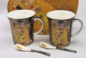 Klimt porcelán bögre szett kanállal 2 személyes szív dobozos fekete