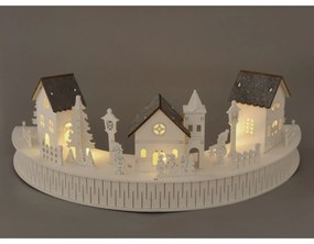Fából készült LED-es dekoráció: Falucskatemplommal, 40 x 14 x 20 cm, félkör alakú