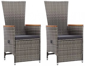2 db szürke dönthető háttámlás polyrattan kerti szék párnával