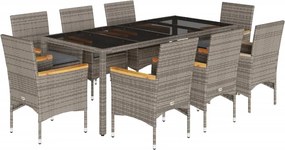 vidaXL 9 részes szürke polyrattan/üveg kerti étkezőgarnitúra párnával