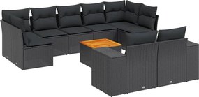 vidaXL 10 részes fekete polyrattan kerti ülőgarnitúra párnákkal