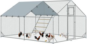 PawHut Kültéri Tojótyúk Ketrece 3x4x1.95 m Horganyzott Acél Tojótyúk Ketrec Függő Etetővel Multifunkcionális Ülőke UV- és Vízálló Borítással Nyulaknak