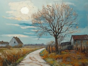 Vászonkép Canvas Tájkép Falu Házak Fa Út Nap Mezők 100x75