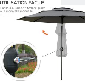 Outsunny Kültéri Kerti Napernyő Köralakú Dőlt Napernyő Ø 2.85 x 2.5 m Kurblival, 2 Szellőzővel, 180 g/m² UV-védelemmel, Erkély Napernyő, Terasz, Szürk