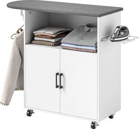 HOMCOM Vasalószekrény Kerekekkel Ruhafakasztóval Nyitott Polccal és Vasalódeszkával 125x43.5x102.5 cm Fehér | Aosom