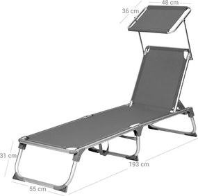 MALIBU kerti napozóágy állítható napellenzővel, 193x55x31cm, szürke SongmicsHome
