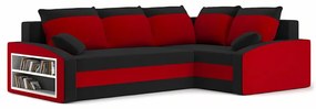 Grande sarokkanapé polcokkal , polc a bal karfaban, jobboldali, szövet anyag, hab töltet, fekete - piros