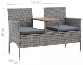 kétszemélyes szürke polyrattan kerti pad teázóasztallal 143 cm