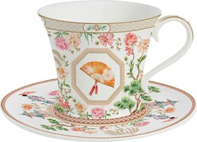 Csésze nagy szimpla 200 ml csészealj pasztell színek madarak virágok