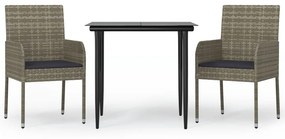 vidaXL 3 részes fekete és szürke polyrattan kerti étkezőszett párnával