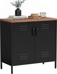 HOMCOM ipari fém tálalószekrény, 2 ajtós, állítható polc, 80×40×80 cm, fekete, fahatású tető | Aosom
