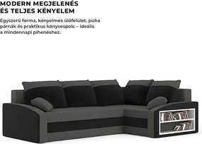 Grande sarokkanapé polcokkal , polc a jobb karfaban, jobboldali, szövet anyag, bonell töltet, szürke - fekete