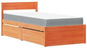 viaszbarna tömör fenyőfa ágy fiókokkal és matraccal 90 x 190 cm
