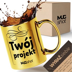 arany bögre logó grafikával nyomtatott szöveggel ajándékba csomagolás