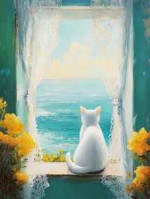Vászonkép Canvas Impresszió Ablak Kilátás Tenger Fehér Macska Virágok 60x80