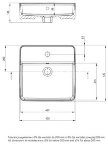 Deante CGS_6U4B - SQUARE 42x42 cm kerámia mosdó, asztalra, fehér, nyílással