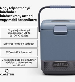 Klarstein SwiftFrost 12L hűtőtáska, 12V-24V/230V, -20 °C-ig, kompresszor, 2 teljesítményszint, LED kijelző