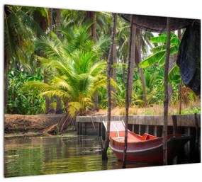 Kép - Fából készült hajó a csatornán, Thaiföld (üvegen) (70x50 cm)