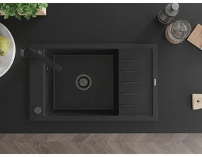 Mexen Elias, gránit mosogató gránit 795x480x200 mm, 1 kamrás, fekete fekete szifonnal és fekete Rita mosogató csapteleppel, 6511-77-670300-70-B