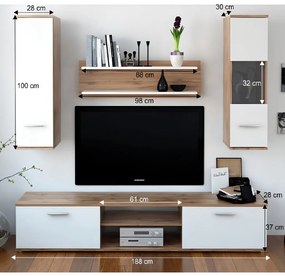 Nappali szekrénysor, tölgyfa wotan/fehér, WAW NEW