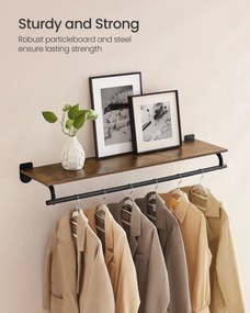 Fali Ruhatartó Állvány, Fali Polc Akasztórúddal, 28 x 109 x 13,2 cm, Rusztikus Barna és Fekete