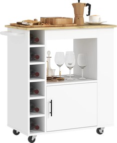 HOMCOM Tölgy Konyhai Kocsi, Fa Felsőrésszel, Polcokkal, Borospolccal, Sor szolgáló kocsi, Konyhaszekrény Görgőkkel, Puha Záró Hinge-kkel, Fogantyúval,