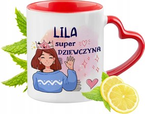 Piros bögre szív alakú füllel Liliomnak Ajándék