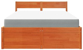 viaszbarna tömör fenyőfa ágy fiókokkal és matraccal 120x190 cm
