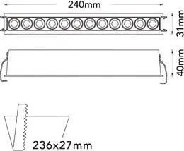 UNIVERSO Süllyesztett spot lámpa 20w 1400lm CCT.kap RA90 24° IP20 Fehér 240x31x40mm kivágás:236x27mm 5év