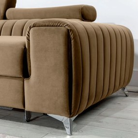 Világosbarna bársony kinyitható-tárolóhelyes sarokkanapé (bal oldali-heverő résszel) Grayson – ELTAP