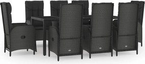 vidaXL 9 részes fekete polyrattan kerti étkezőgarnitúra párnákkal