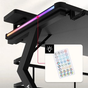Gamer asztal számítógépasztal monitor állvánnyal, 120x60x69,5cm, alumínium / HDF, RGB LED fekete.