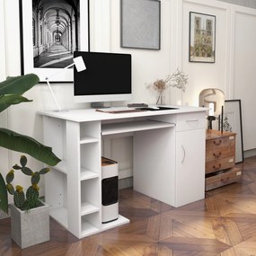 HOMCOM Számítógép Íróasztal Multimédia Számítógép Asztal Többszörös Tárolószekrénnyel és Billentyűzettartóval MDF 120 x 60 x 74 cm Fehér | Aosom