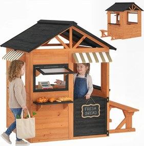 AIYAPLAY kültéri fenyő játszóház konyhával, paddal, pulttal, ablakokkal és csappal — barna, 171,5 x 146 x 156 cm | Aosom