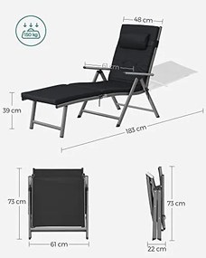 SONGMICS Napozóágy, 6 cm vastag matraccal, dönthető, max. terhelhetőség 150 kg, fekete