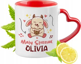 Piros bögre szív alakú füllel Olivia számára Ajándék