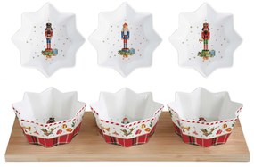 Karácsonyi porcelán 3 db-os diótörő tálka szett bambusztálcán Vintage Nutcracker