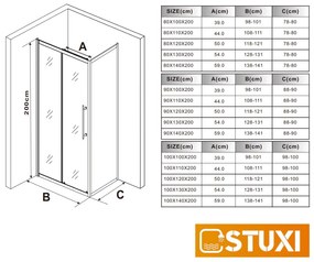 Stuxi Nizza 140x100 aszimmetrikus szögletes tolóajtós zuhanykabin 6 mm vízlepergető biztonsági üveggel, króm elemekkel, 200 cm magas