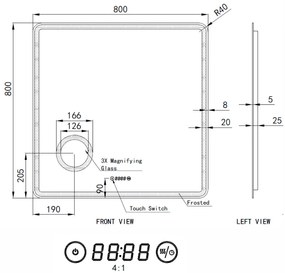 Fürdőszobai LED tükör 80x80cm | Páramentesítő - Kozmetikai tükör - Fényerő + színhőfok állítás - Digitális óra | Welland Luxury-Line G795
