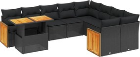 vidaXL 10 részes fekete polyrattan kerti ülőgarnitúra párnákkal