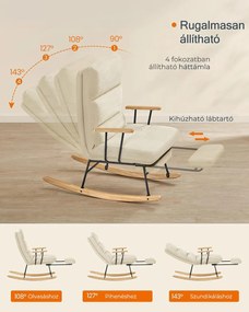 Hintaszék fa lábakkal, plüss szövettel, 4 fokozatban állítható háttámlával,  krémfehér